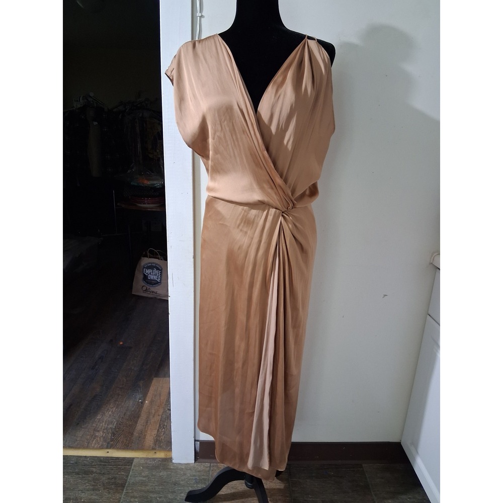 Reset by Jane Champagne Satin Draped Twist Front V-Back Midi Dress Womens Size M